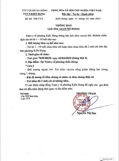 Thông báo: Lịch tiêm vacxin Sởi- Rubella