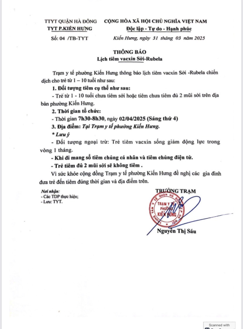 Thông báo: Lịch tiêm vacxin Sởi- Rubella